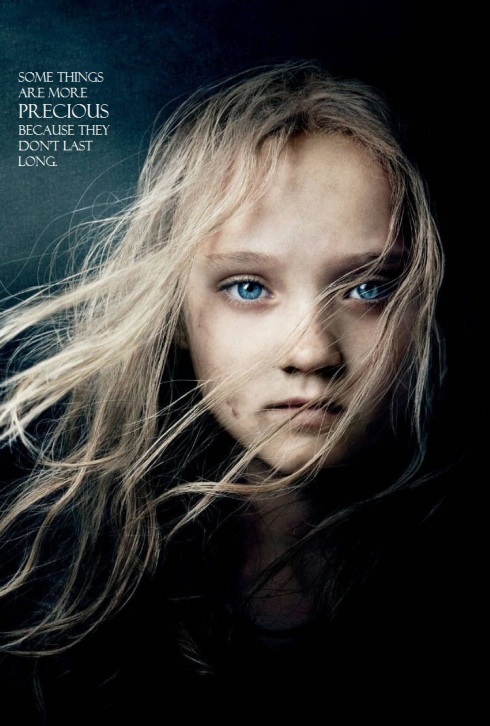 Color photo of ten-year-old Isabelle Allen with vibrant blue eyes and blond hair askew, from poster for 2012 motion picture Les Miserables. White text superimposed, with emphasis: "Some things are more PRECIOUS because they don't last long."