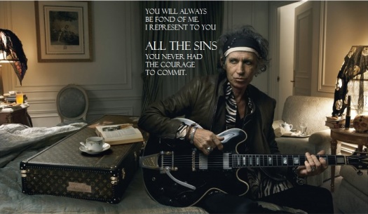 Muted color photo of Keith Richards with guitar in bedroom, unsmiling. White text superimposed, with emphasis and divisions: "You will always be fond of me. I represent to you / ALL THE SINS you never had the courage to commit."